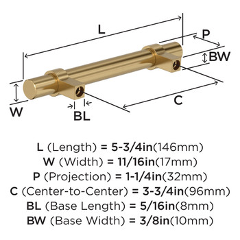 Amerock, Everyday Basics, Central, 3 3/4" (96mm) Bar Pull, Champagne Bronze - technical