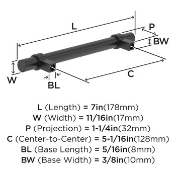 Amerock, Everyday Basics, Central, 5 1/16" (128mm) Bar Pull, Matte Black - technical