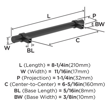 Amerock, Everyday Basics, Central, 6 5/16" (160mm) Bar Pull, Matte Black - technical