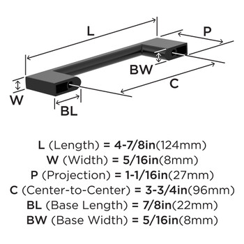 Amerock, Everyday Basics, Cityscape, 3 3/4" (96mm) Straight Pull, Matte Black - technical