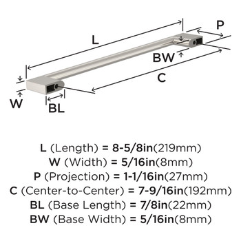 Amerock, Everyday Basics, Cityscape, 7 9/16" (192mm) Straight Pull, Satin Nickel - technical