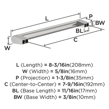 Amerock, Everyday Basics, Composite, 7 9/16" (192mm) Straight Pull, Polished Chrome - technical