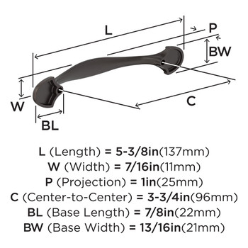 Amerock, Everyday Basics, Fairfield, 3 3/4" (96mm) Curved Pull, Oil Rubbed Bronze - technical