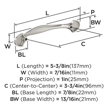 Amerock, Everyday Basics, Fairfield, 3 3/4" (96mm) Curved Pull, Satin Nickel - technical