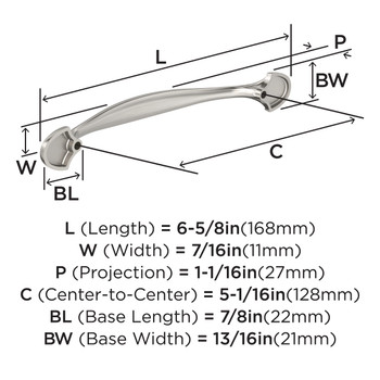 Amerock, Everyday Basics, Fairfield, 5 1/16" (128mm) Curved Pull, Satin Nickel - technical