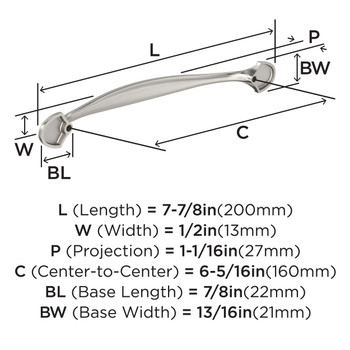 Amerock, Everyday Basics, Fairfield, 6 5/16" (160mm) Curved Pull, Satin Nickel - technical