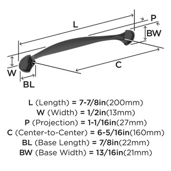 Amerock, Everyday Basics, Fairfield, 6 5/16" (160mm) Curved Pull, Matte Black - technical