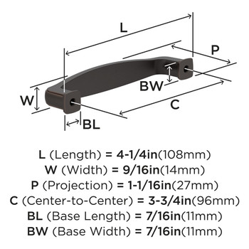 Amerock, Everyday Basics, Franklin, 3 3/4" (96mm) Straight Pull, Oil Rubbed Bronze - technical