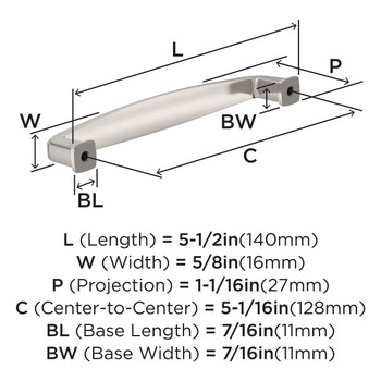 Amerock, Everyday Basics, Franklin, 5 1/16" (128mm) Straight Pull, Satin Nickel - technical