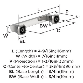 Amerock, Everyday Basics, Hybridize, 3 3/4" (96mm) Straight Pull, Polished Chrome - technical