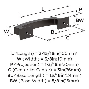 Amerock, Everyday Basics, Incisive, 3" (76mm) Curved Pull, Oil Rubbed Bronze - technical