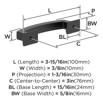 Amerock, Everyday Basics, Incisive, 3" (76mm) Curved Pull, Matte Black - technical