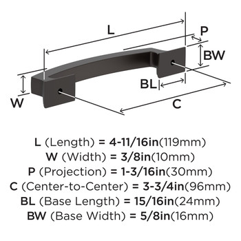 Amerock, Everyday Basics, Incisive, 3 3/4" (96mm) Curved Pull, Oil Rubbed Bronze - technical