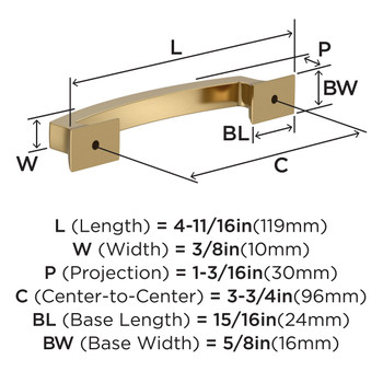 Amerock, Everyday Basics, Incisive, 3 3/4" (96mm) Curved Pull, Champagne Bronze - technical