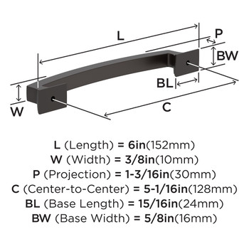 Amerock, Everyday Basics, Incisive, 5 1/16" (128mm) Curved Pull, Oil Rubbed Bronze - technical