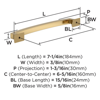 Amerock, Everyday Basics, Incisive, 6 5/16" (160mm) Curved Pull, Champagne Bronze - technical