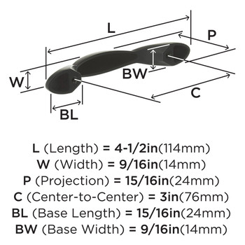 Amerock, Everyday Basics, Intertwine, 3" (76mm) Curved Pull, Oil Rubbed Bronze - technical