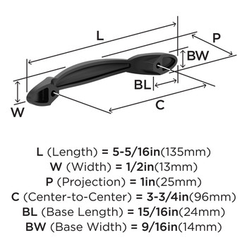 Amerock, Everyday Basics, Intertwine, 3 3/4" (96mm) Curved Pull, Matte Black- technical