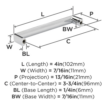 Amerock, Everyday Basics, Metro, 3 3/4" (96mm) Straight Pull, Polished Chrome - technical