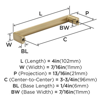 Amerock, Everyday Basics, Metro, 3 3/4" (96mm) Straight Pull, Champagne Bronze - technical