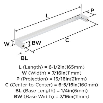 Amerock, Everyday Basics, Metro, 6 5/16" (160mm) Straight Pull, Polished Chrome - technical