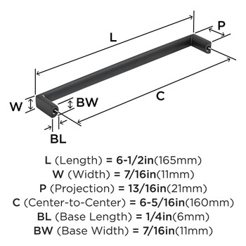 Amerock, Everyday Basics, Metro, 6 5/16" (160mm) Straight Pull, Matte Black - technical