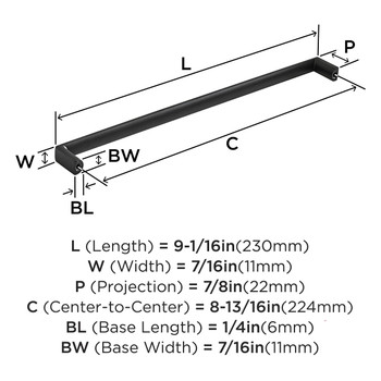 Amerock, Everyday Basics, Metro, 8 13/16" (224mm) Straight Pull, Matte Black - technical