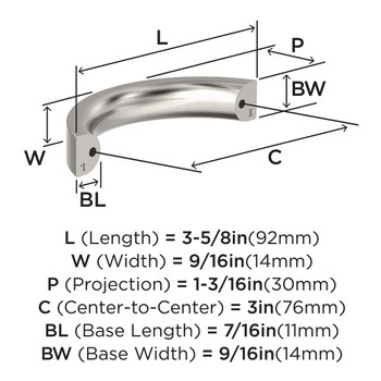 Amerock, Everyday Basics, Parabolic, 3" (76mm) Curved Pull, Satin Nickel - technical