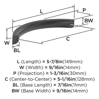 Amerock, Everyday Basics, Parabolic, 5 1/16" (128mm) Curved Pull, Matte Black - technical