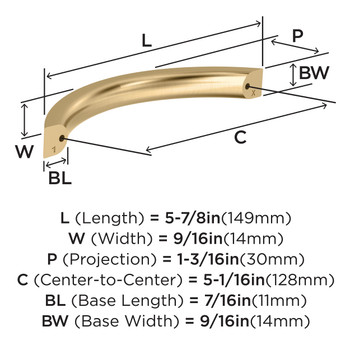 Amerock, Everyday Basics, Parabolic, 5 1/16" (128mm) Curved Pull, Champagne Bronze - technical