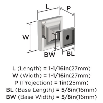 Amerock, Everyday Basics, Pedestal, 1 1/16" Square Knob, Polished Chrome - technical