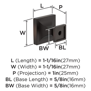 Amerock, Everyday Basics, Pedestal, 1 1/16" Square Knob, Oil Rubbed Bronze - technical