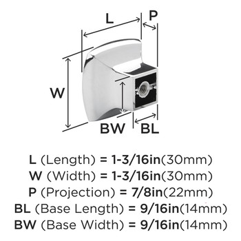 Amerock, Everyday Basics, Sunset, 1 3/16" (30mm) Square Knob, Polished Chrome - technical