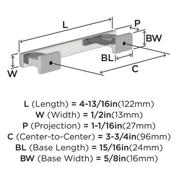 Amerock, Everyday Basics, Triomphe, 3 3/4" (96mm) Straight Pull, Polished Chrome - technical