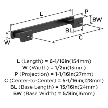 Amerock, Everyday Basics, Triomphe, 5 1/16" (128mm) Straight Pull, Matte Black - technical