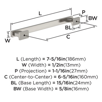 Amerock, Everyday Basics, Triomphe, 6 5/16" (160mm) Straight Pull, Satin Nickel - technical