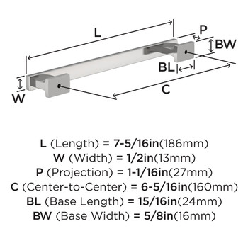 Amerock, Everyday Basics, Triomphe, 6 5/16" (160mm) Straight Pull, Polished Chrome - technical