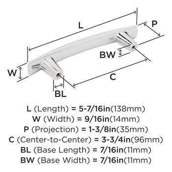 Amerock, Everyday Basics, Willow, 3 3/4" (96mm) Curved Bar Pull, Polished Chrome - technical