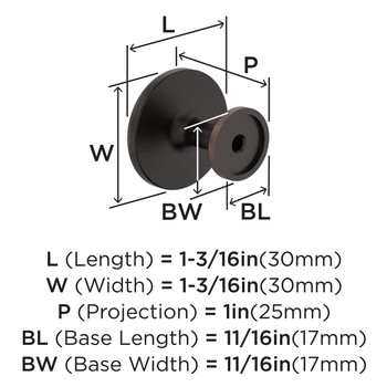 Amerock, Everyday Basics, Loop, 1 3/16" (30mm) Round Knob, Oil Rubbed Bronze - technical