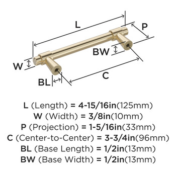 Amerock, Destine, 3 3/4" (96mm) Bar Pull, Golden Champagne - technical