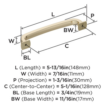 Amerock, Surpass, 5 1/16" (128mm) Curved Pull, Golden Champagne - technical