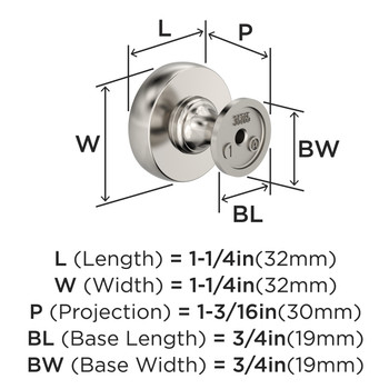 Amerock, Winsome, 1 1/4" Round Knob, Polished Nickel - technical