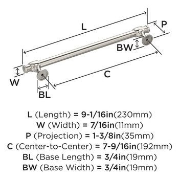 Amerock, Winsome, 7 9/16" (192mm) Bar Pull, Polished Nickel - technical