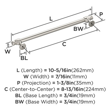 Amerock, Winsome, 8 13/16" (224mm) Bar Pull, Polished Nickel - technical