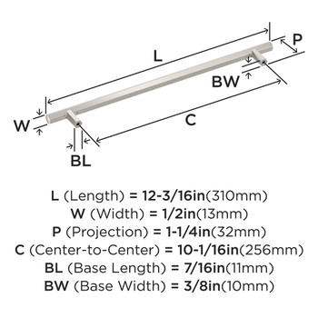 Amerock, Caliber, 10 1/16" (256mm) Bar Pull, Polished Nickel - technical