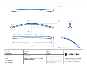 Berenson, Echo, 18" Curved Appliance Pull, Brushed Nickel - technical