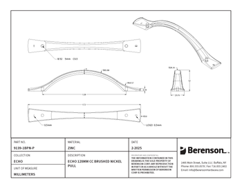 Berenson, Echo, 5 1/16" (128mm) Curved Pull, Brushed Nickel - technical