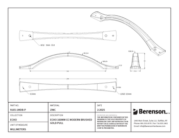 Berenson, Echo, 6 5/16" (160mm) Curved Pull, Modern Brushed Gold - technical