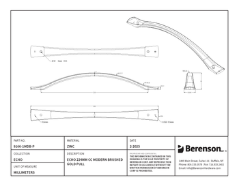 Berenson, Echo, 8 13/16" (224m) Curved Pull, Modern Brushed Gold - technical