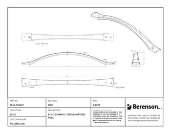 Berenson, Echo, 8 13/16" (224mm) Curved Pull, Verona Bronze - technical